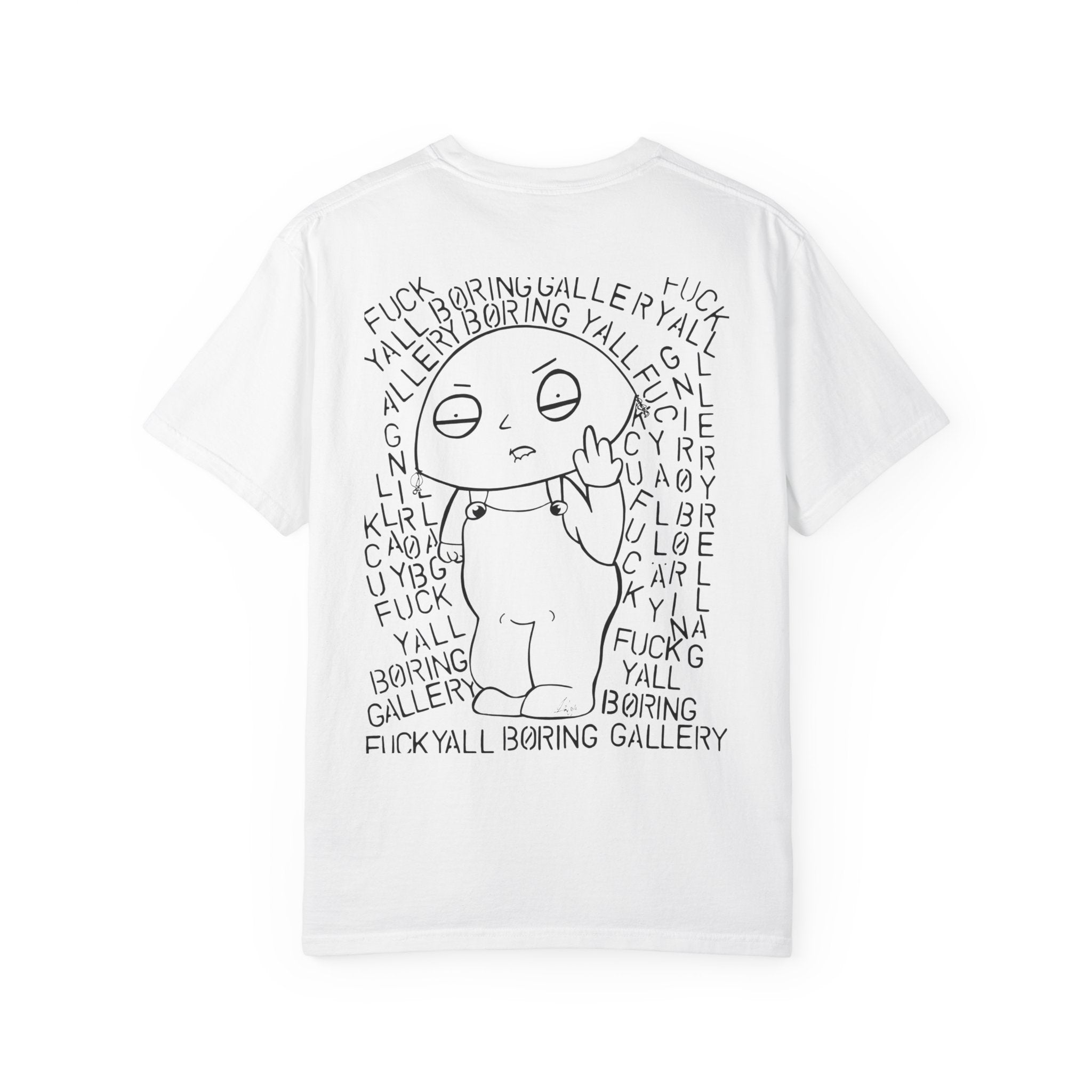 Graphic T‑Shirt — 'INMYDRAWS' Cartoon Character with Satirical 'Boring Gallery' Back Art