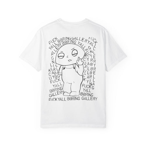 Graphic T‑Shirt — 'INMYDRAWS' Cartoon Character with Satirical 'Boring Gallery' Back Art
