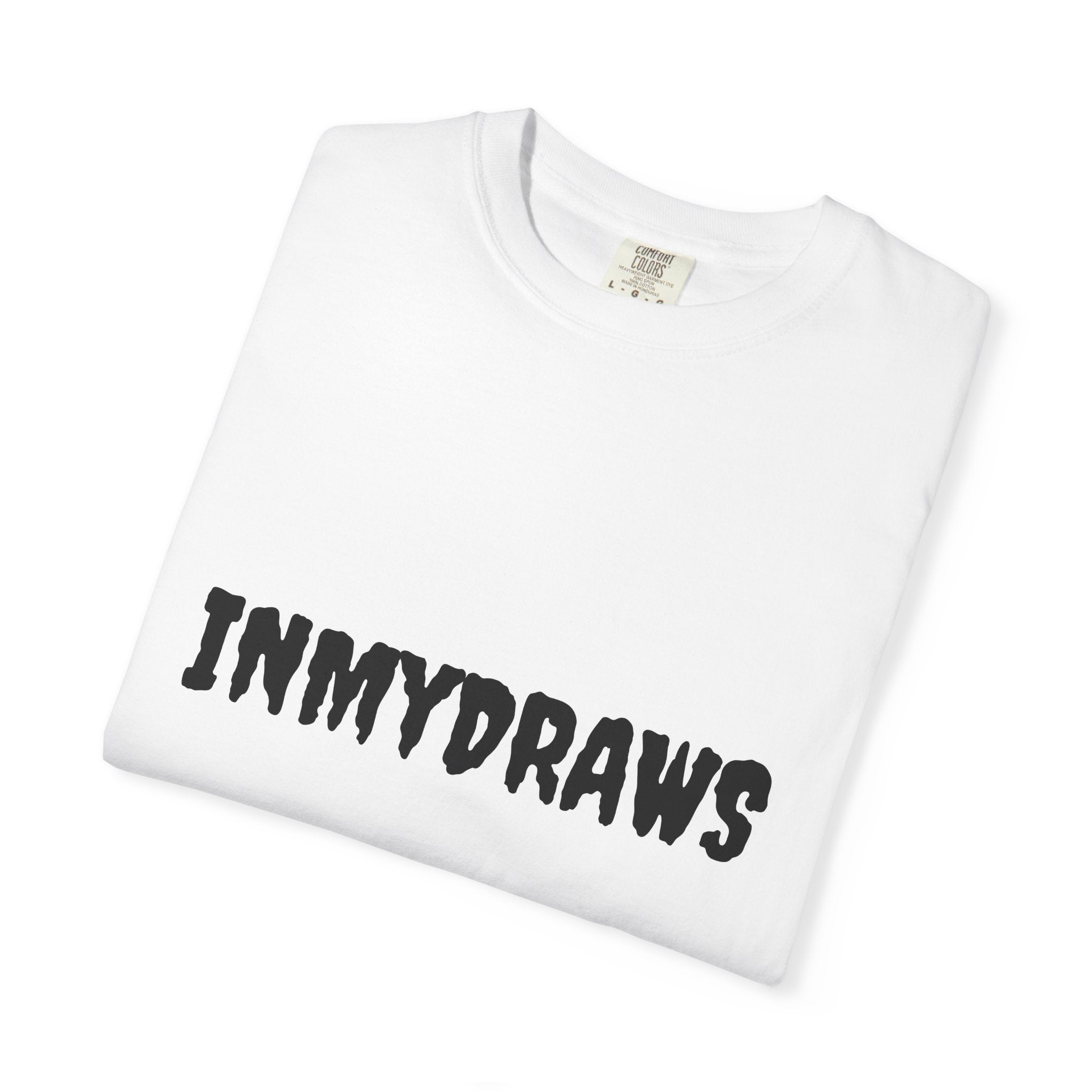 Graphic T‑Shirt — 'INMYDRAWS' Cartoon Character with Satirical 'Boring Gallery' Back Art
