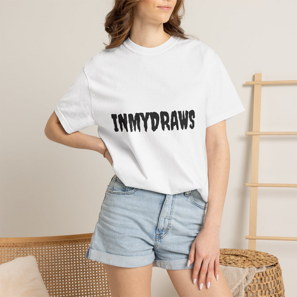 Graphic T‑Shirt — 'INMYDRAWS' Cartoon Character with Satirical 'Boring Gallery' Back Art