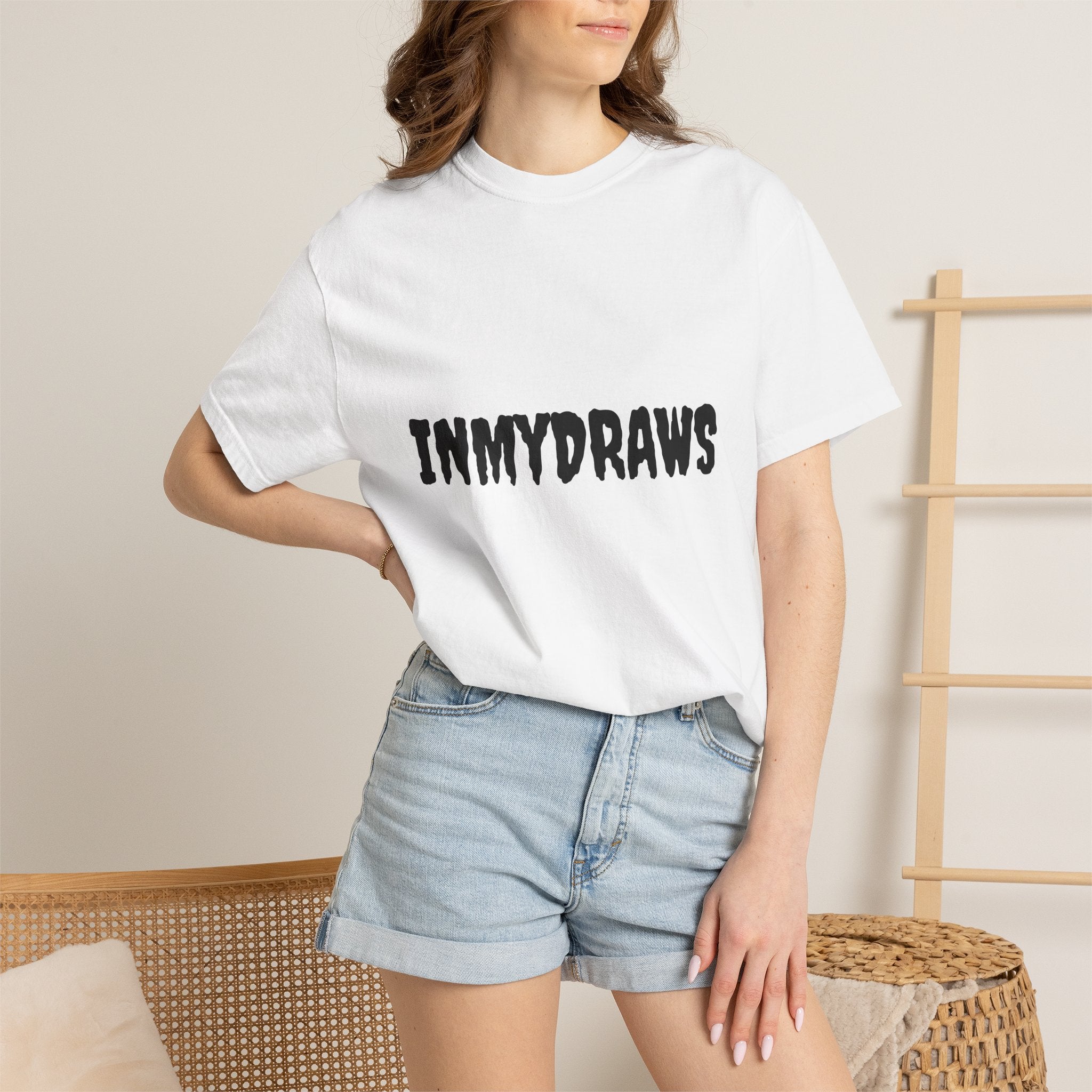 Graphic T‑Shirt — 'INMYDRAWS' Cartoon Character with Satirical 'Boring Gallery' Back Art